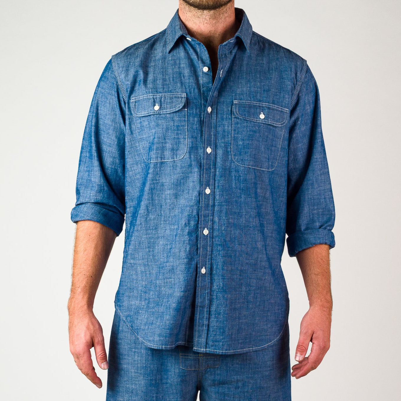 Triple Needle Chambray Work Shirt - Light Indigo