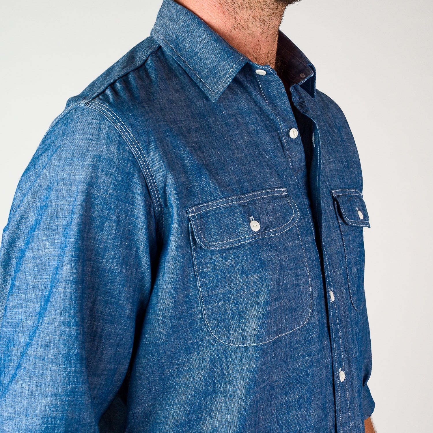 Triple Needle Chambray Work Shirt - Light Indigo