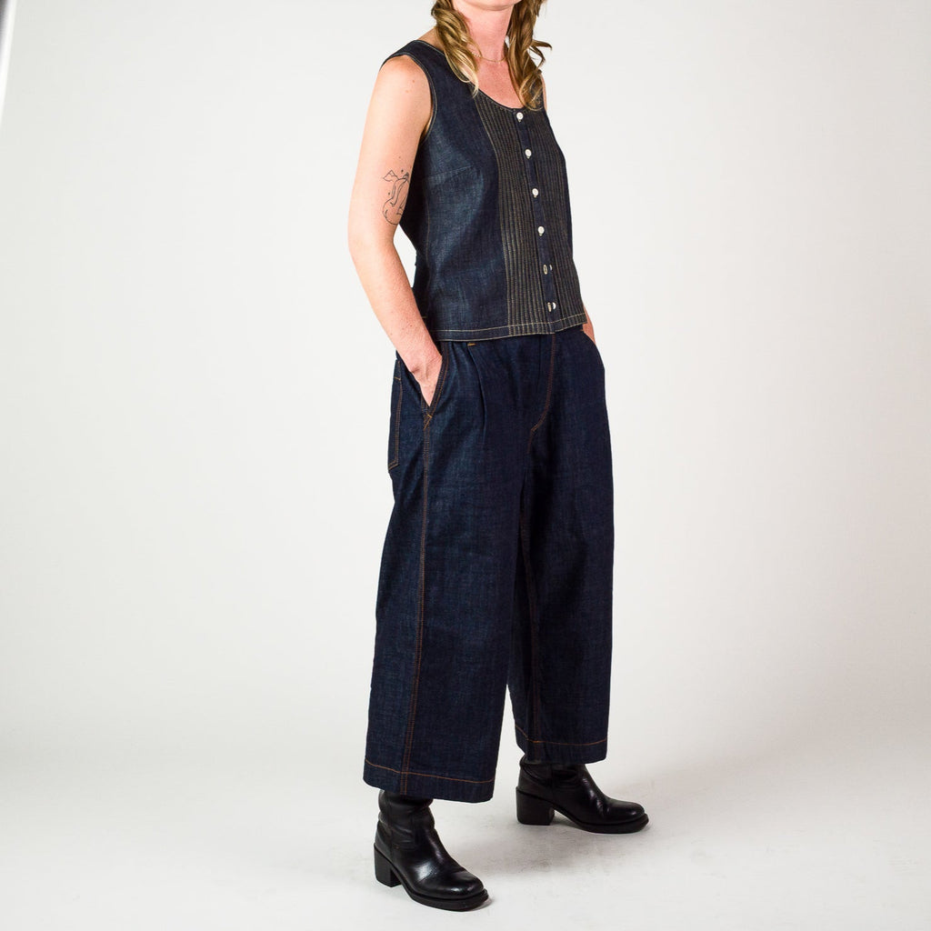 Womens Chambray Pin Tuck Vest - Indigo