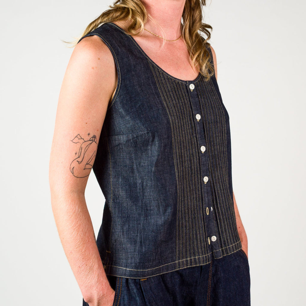 Womens Chambray Pin Tuck Vest - Indigo